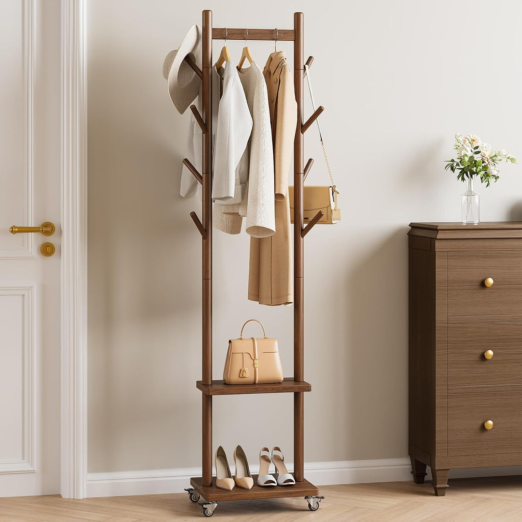 Yoobure Solid Wood Coat Rack Freestanding - Rolling Clothes Rack with 8 Hooks & Shelves, Small Clothing Rack with Wheels, Heavy Duty Clothing Racks for Hanging Clothes, Portable Hall Tree for Entryway