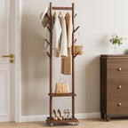 Yoobure Solid Wood Coat Rack Freestanding - Rolling Clothes Rack with 8 Hooks & Shelves, Small Clothing Rack with Wheels, Heavy Duty Clothing Racks for Hanging Clothes, Portable Hall Tree for Entryway