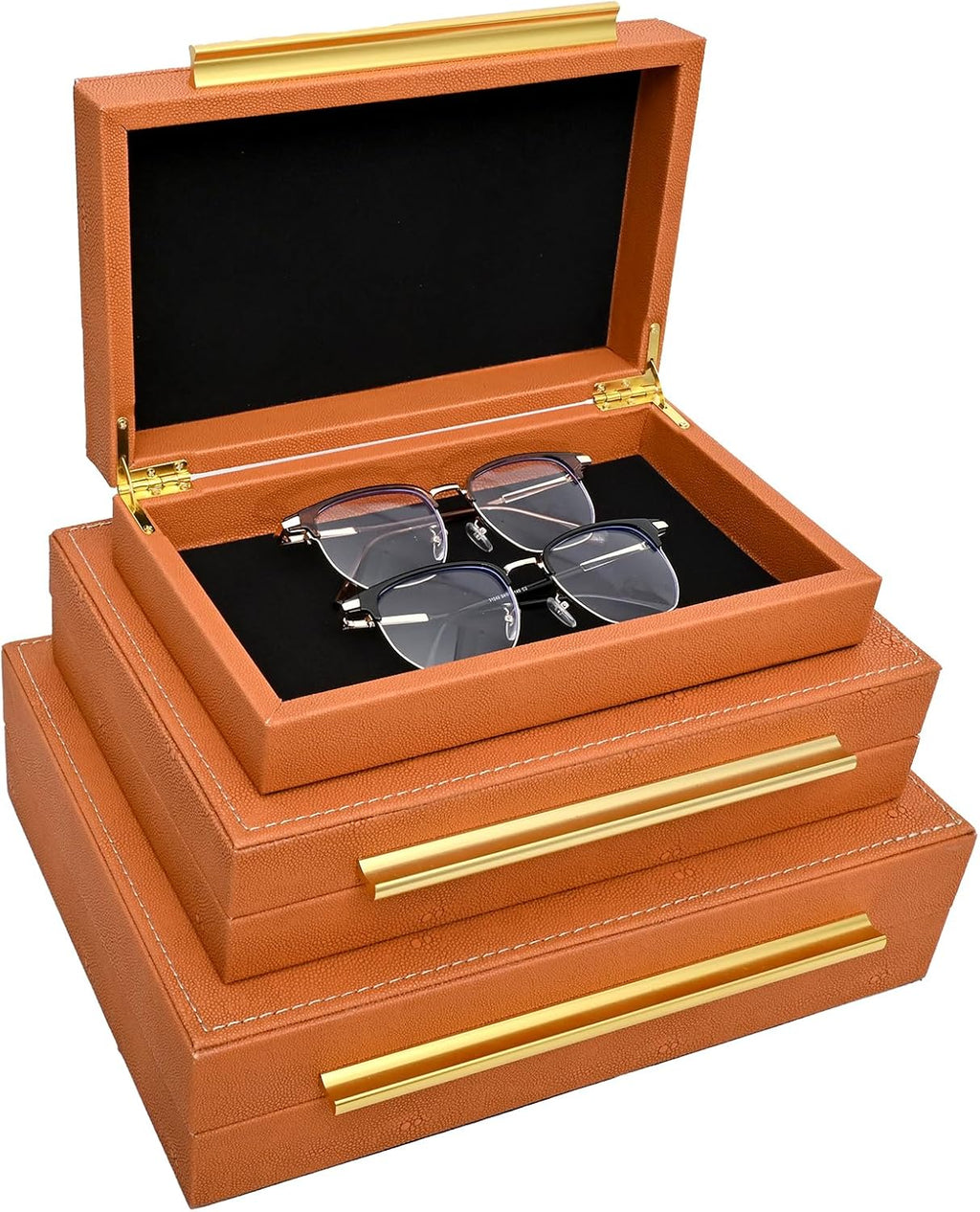 Faux Shagreen Leather Jewelry Storage Boxes Set of 3 with Gold Handles, Velvet Lined Stackable Organizer for Women, Vanity, Dresser, Gift, Burnt Orange