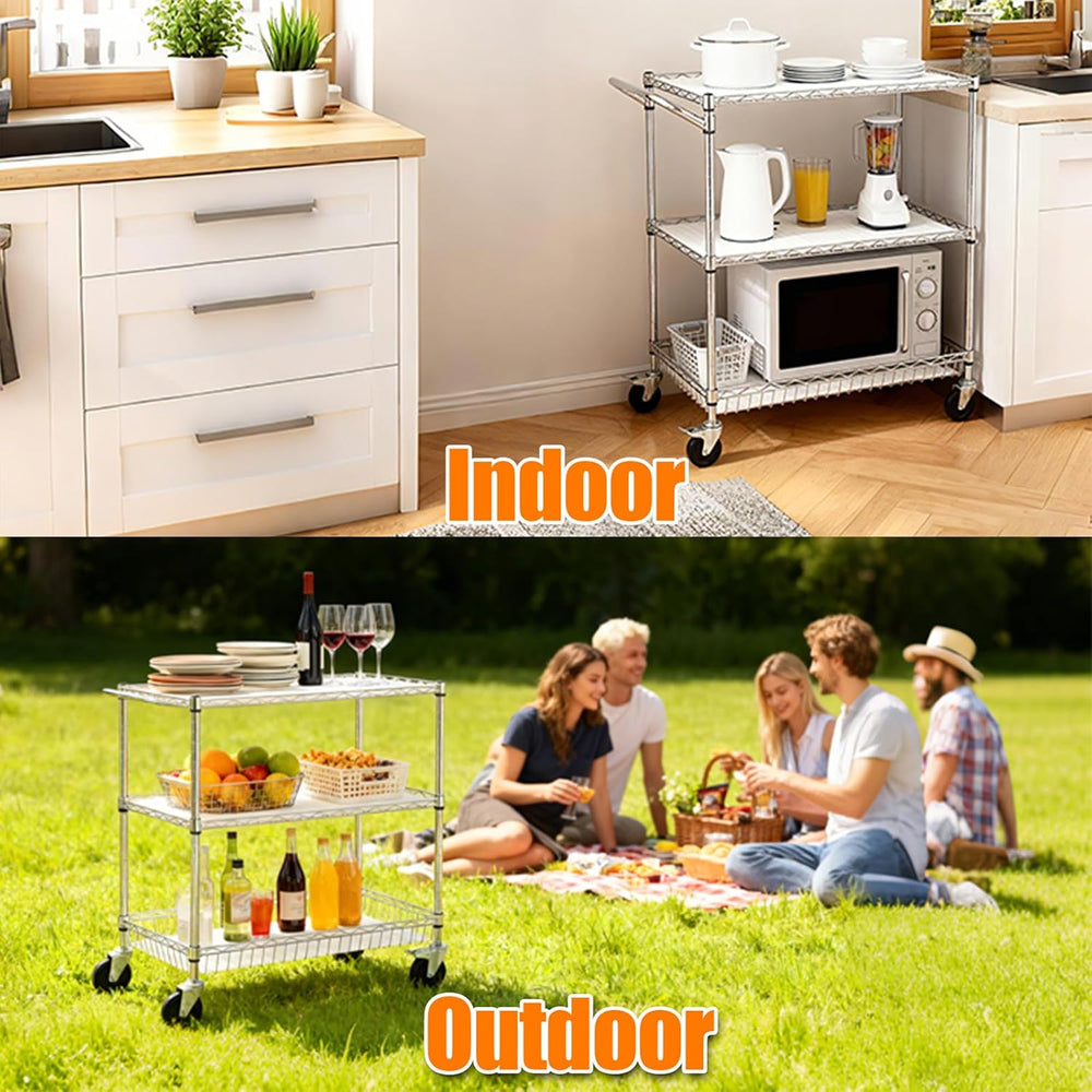 3-Tier Rolling Cart, Utility Metal Wire Cart, 30" D x 18" W x 35&qu...