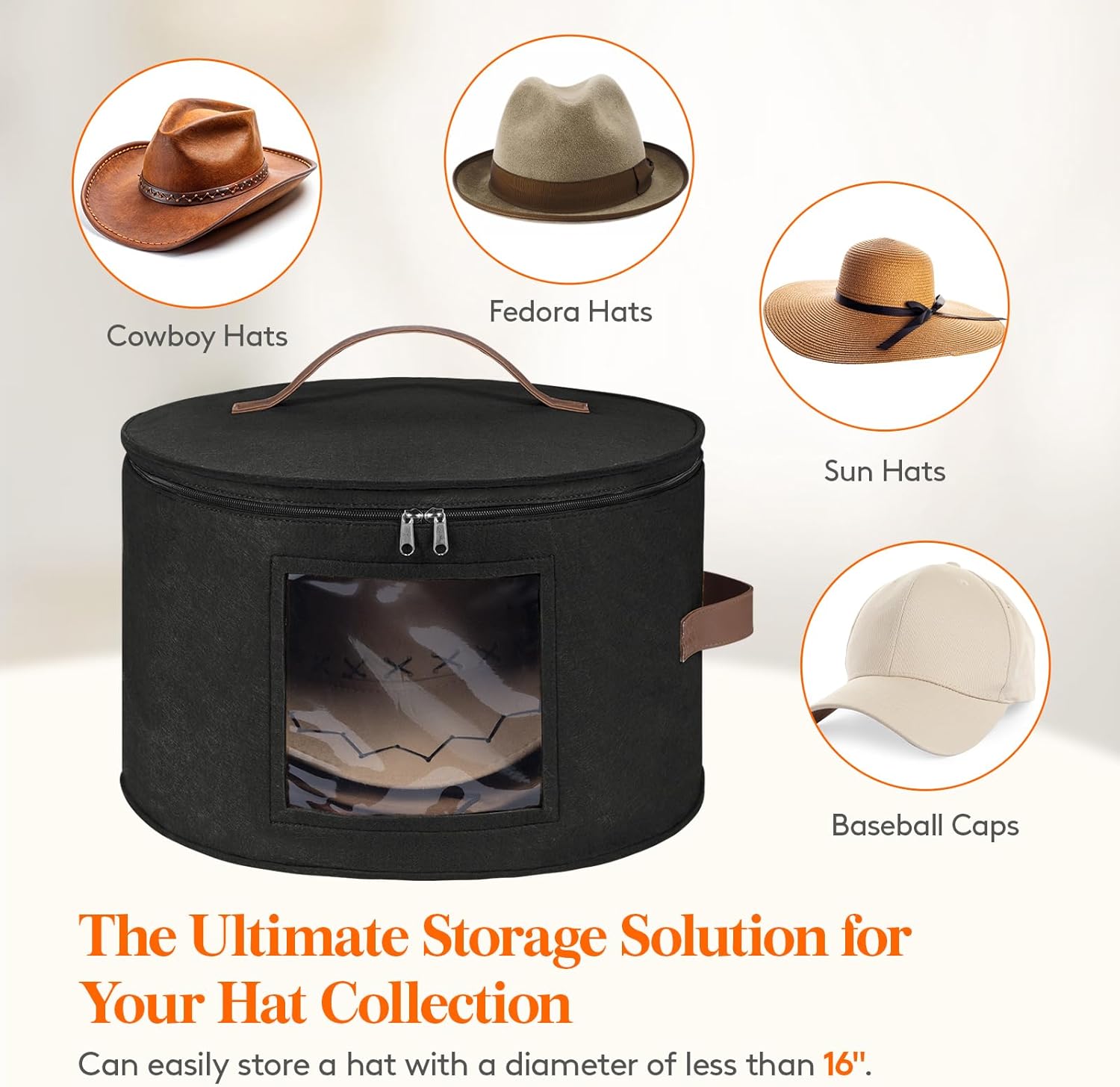 Lifewit Round Cowboy Hat Box for 7 Caps, Large Felt Hat Organizer Bag for Men & Women Storage, Baseball Cap Container with Dustproof Lid for Travel, Foldable 16.5" D x 10.6" H Carrier, 2 Pack, Black