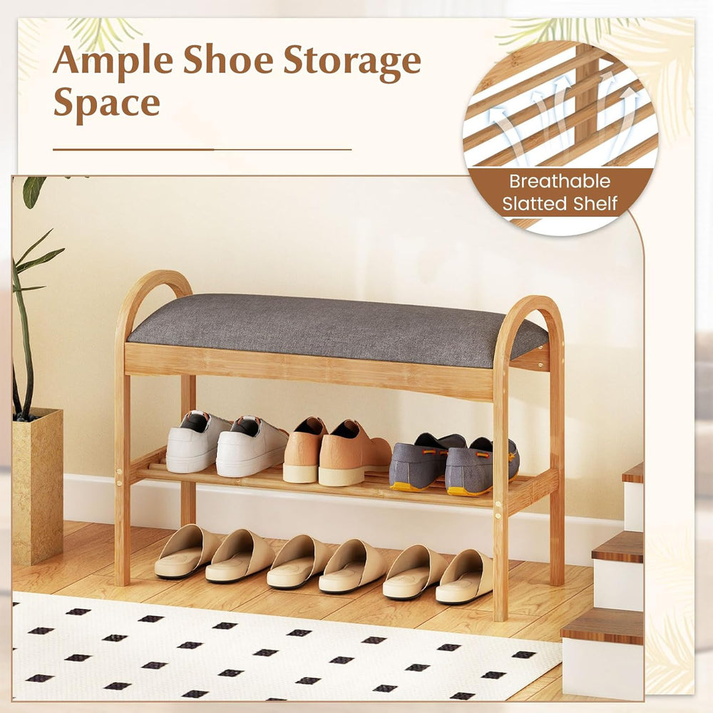 Giantex Shoe Rack Bench, Bamboo 2-Tier Entryway Bench with Padded Cushion, Sh...