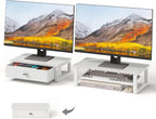 WOHOMO Dual Monitor Stand Riser with Drawers, Desk Organizers for 2 Monitors, Desktop Storage Stand for Computer,Laptop,White