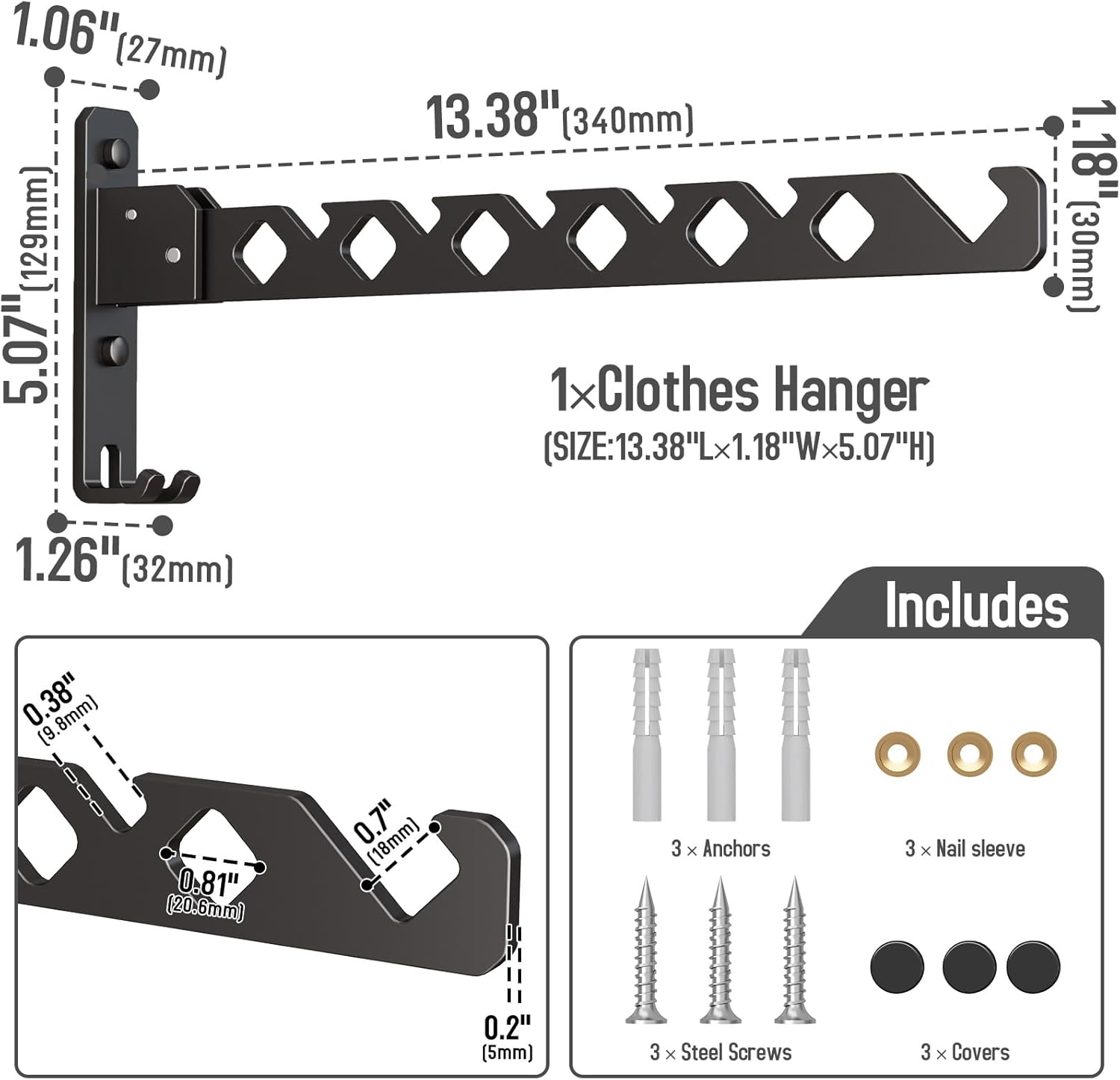 Wall Mounted Clothes Drying Rack, Wall Clothes Hanger Foldable, Laundry Hanger Hook for Bathroom, Wall Clothes Rack Indoor, Perfect for Small Spaces, Matte Black