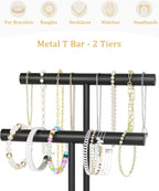 SZQINJI Jewelry Holder Organizers Bracelet Holder Display Stand, Solid Wood Base with 2 Tier Metal T-bar for Bracelet Wristband Bangle Watch Necklace Hanging, Black, Christmas Gift