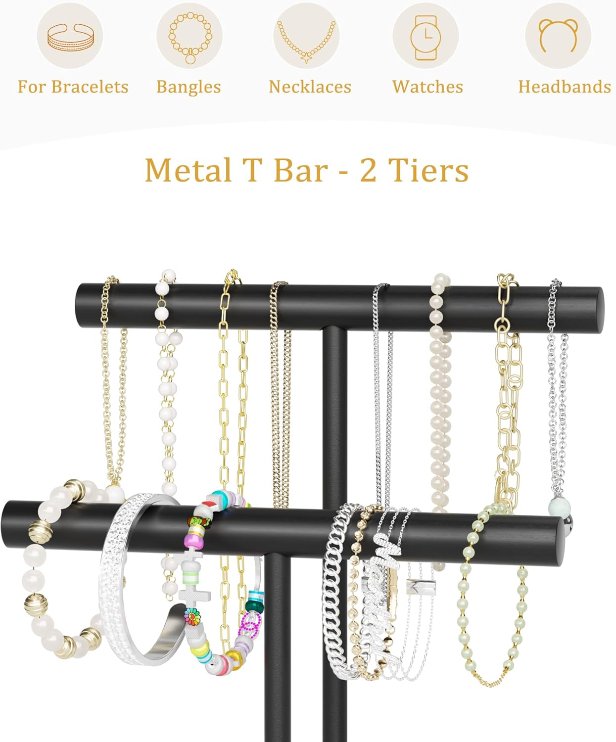 SZQINJI Jewelry Holder Organizers Bracelet Holder Display Stand, Solid Wood Base with 2 Tier Metal T-bar for Bracelet Wristband Bangle Watch Necklace Hanging, Black, Christmas Gift
