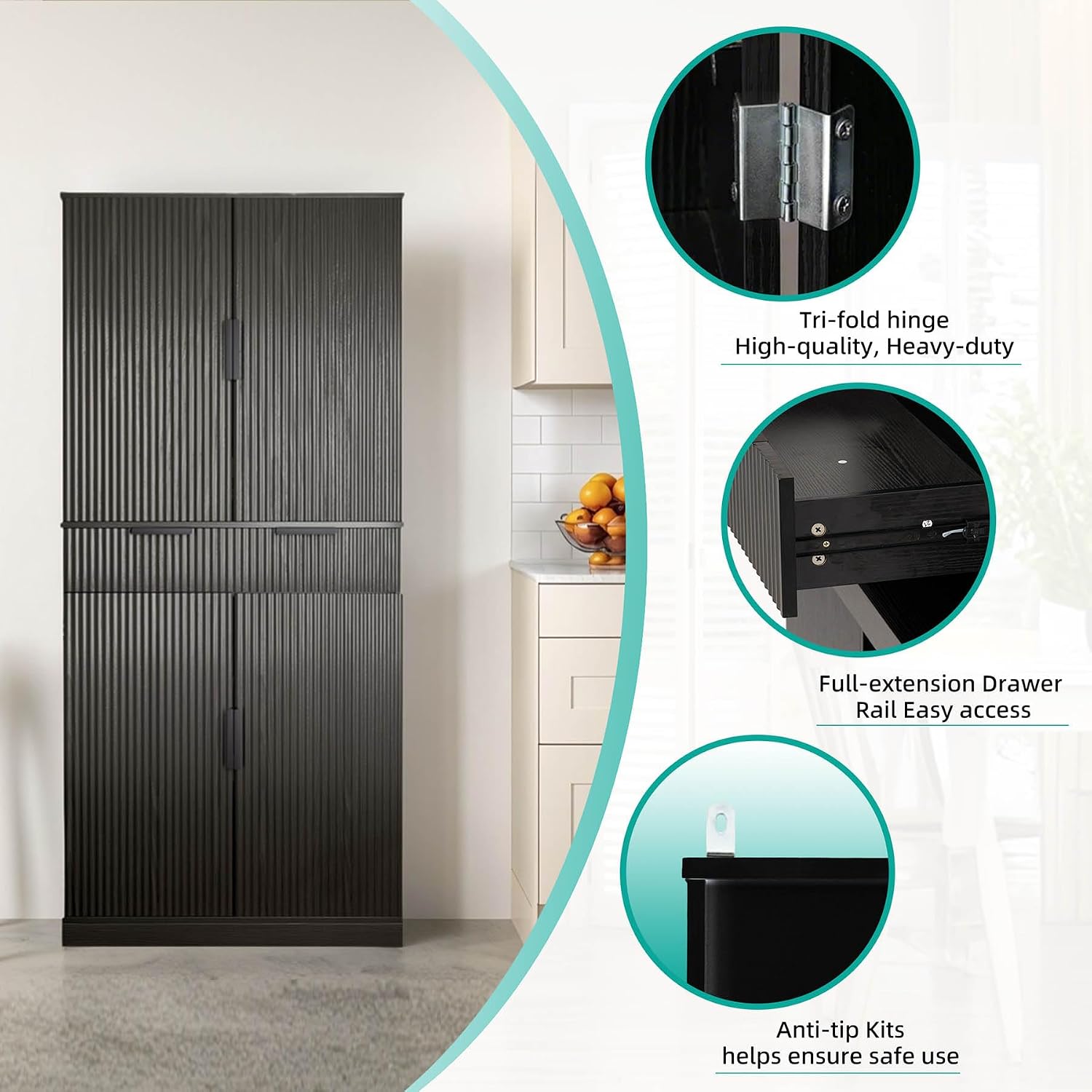 72" Tall Kitchen Pantry Cabinet with 3 Drawers & 6 Adjustable Shelves - Freestanding Storage Cupboard for Bathroom, Dining Room, Office or Entryway, Organizer Cabinet, (Black)
