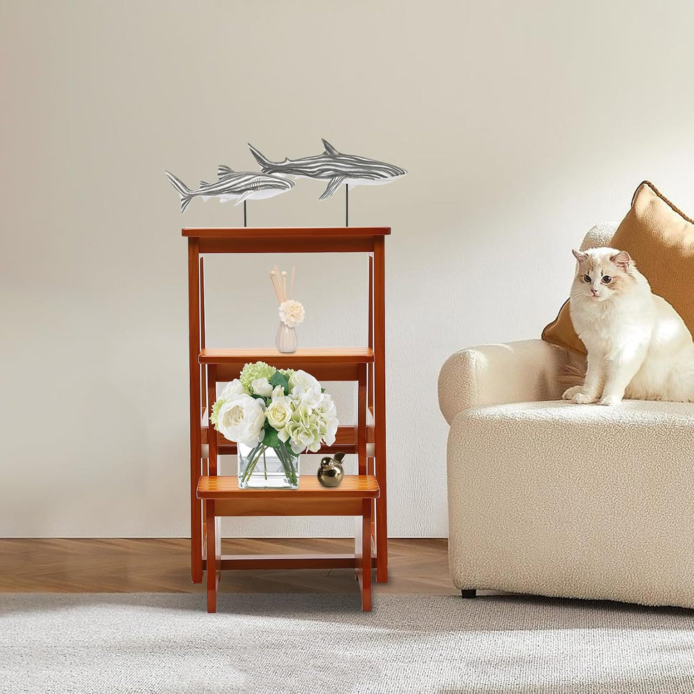 Folding Library Ladder Chair, Solid Wood Portable Multifunctional Step Stool,...
