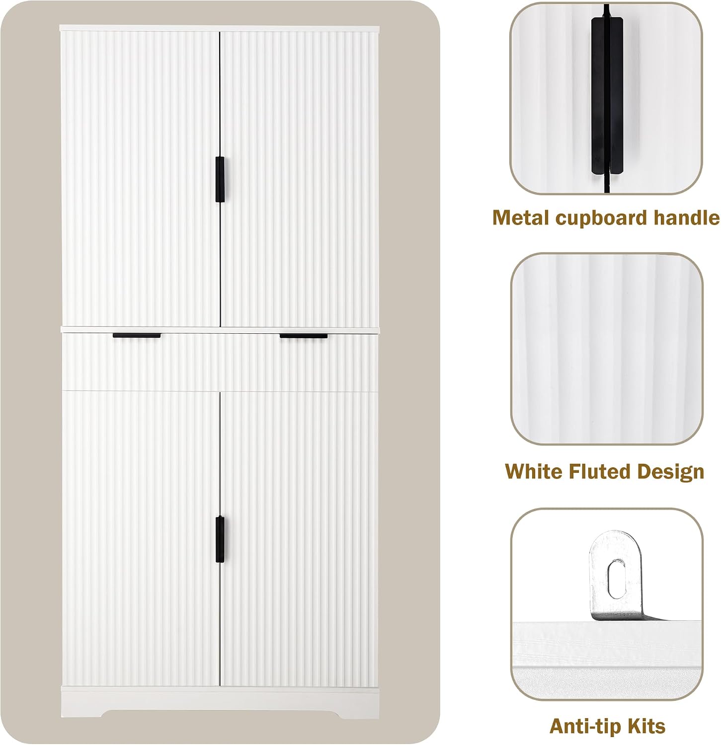Tall Freestanding Pantry with Grooved Doors – MDF Storage Unit with 3 Pull-Out Drawers and 6 Spice Racks for Kitchen, Entryway, or Dining Room (White)