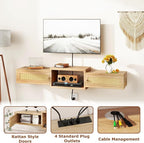 IBUYKE Modern Rattan Floating TV Stand with Doors,Wall Mounted TV Shelf for TVs up to 55 Inches,Media Console Entertainment Center for Under TV Storage Cabinet for Living Room Bedroom,Natural UWST012N