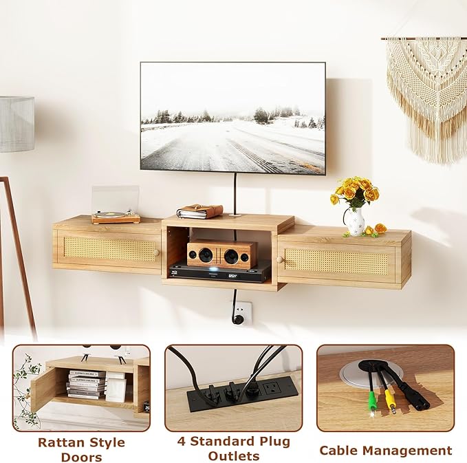IBUYKE Modern Rattan Floating TV Stand with Doors,Wall Mounted TV Shelf for TVs up to 55 Inches,Media Console Entertainment Center for Under TV Storage Cabinet for Living Room Bedroom,Natural UWST012N