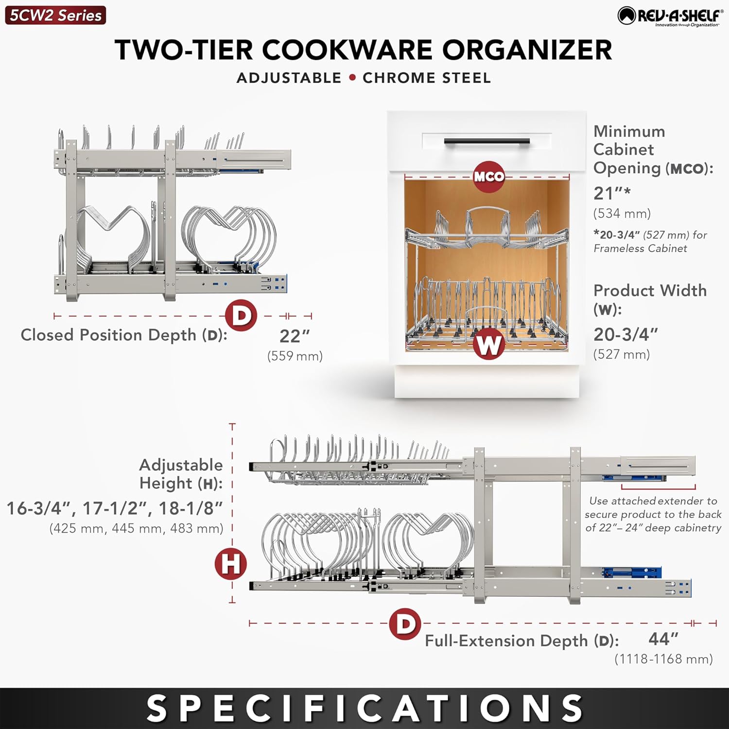 Rev-A-Shelf 2-Tier Kitchen Cabinet Pullout 20.75" Cabinet Organizer for Pots, Pans, and Lid Cookware, Adjustable Heavy Duty Wire, Chrome, 5CW2-2122-CR