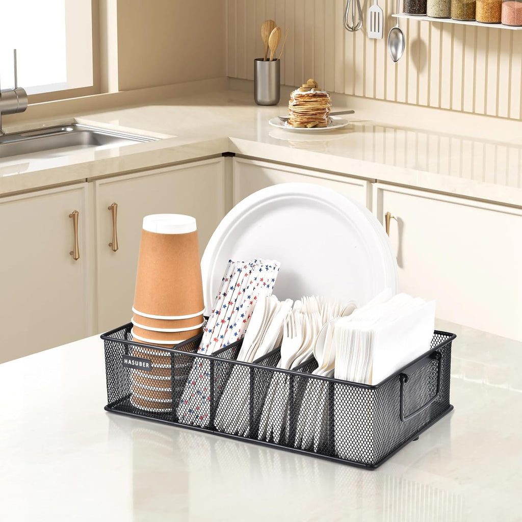 Silverware Organizer with Handle - Metal Utensil Caddy for Kitchen Counter, 7 Compartment for Plate, Cup, Napkin, Paper Plate Dispenser for Party, Picnic