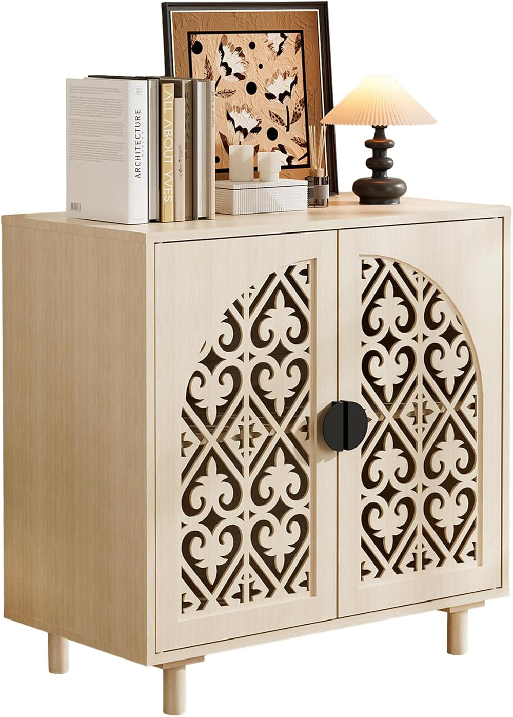 Decorative Storage Cabinet Sideboard with Hollow Carved Panels, 2 Doors, Natu...