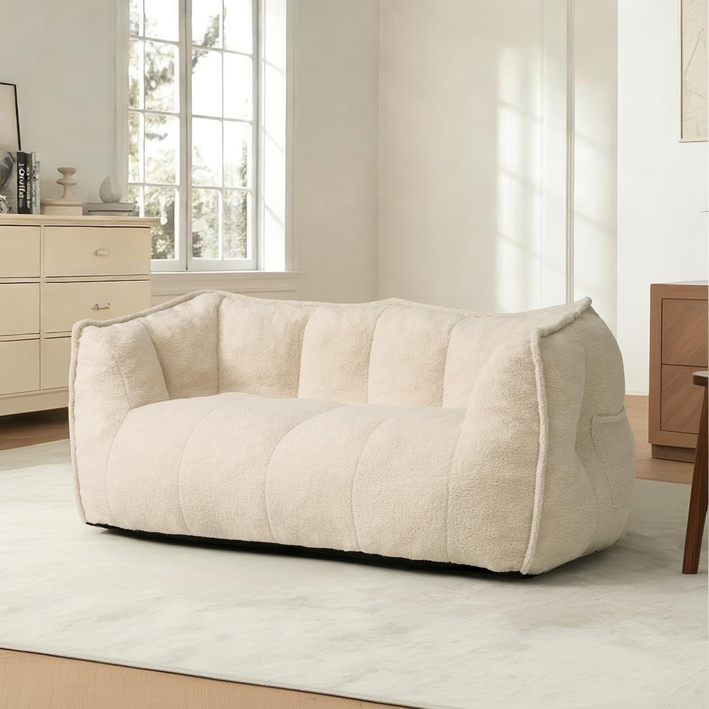Pamapic 59" Teddy Fabric Bean Bag Chair, 2 Seat Loveseat Sofa,Teddy Fabric Sofa Bed for Adults,Fit Living Room, Bedroom,Outdoor Spaces,Fluffy Comfort Washable Cover,72h Rebound,White