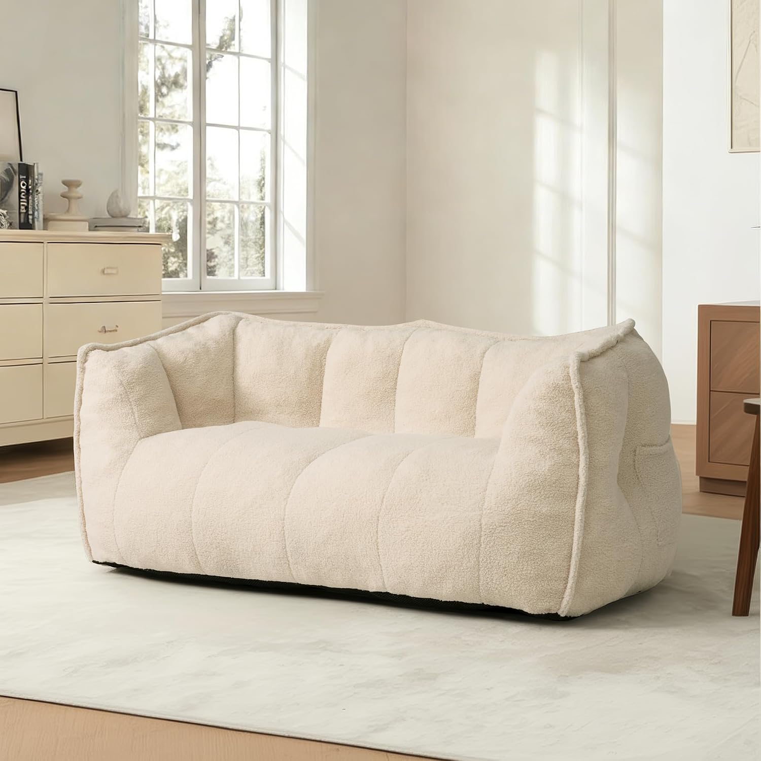 Pamapic 59" Teddy Fabric Bean Bag Chair, 2 Seat Loveseat Sofa,Teddy Fabric Sofa Bed for Adults,Fit Living Room, Bedroom,Outdoor Spaces,Fluffy Comfort Washable Cover,72h Rebound,White