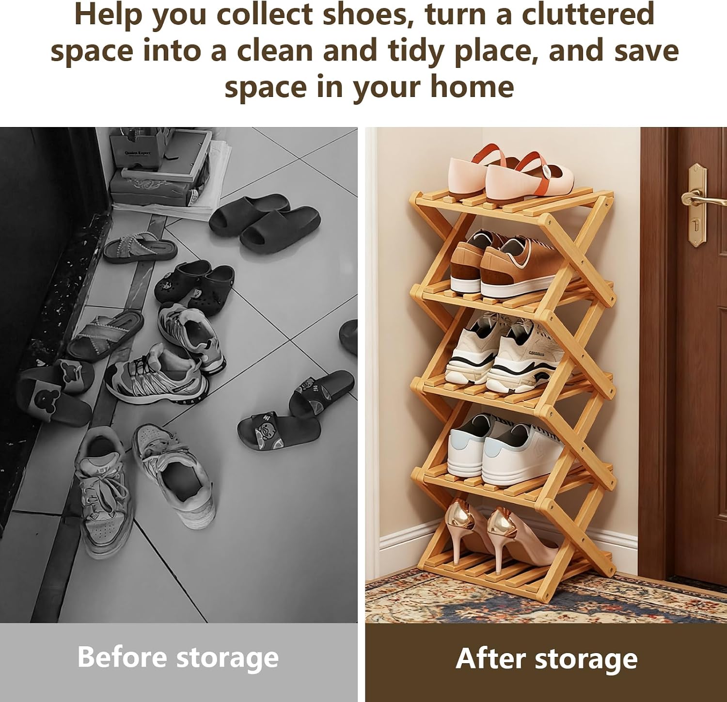 Bamboo Shoe Rack, Portable Folding Storage, No Installation, 5 Tier Stand | Free Standing, Space Saving Design, Easy To Move, Ideal For Entryway, Closet, Dorm