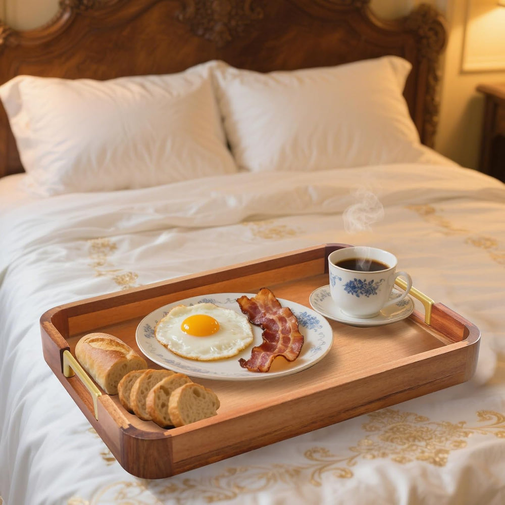 Acacia Wood Serving Tray with Metal Handles, 17x12in Food Drinks Tray for Cof...