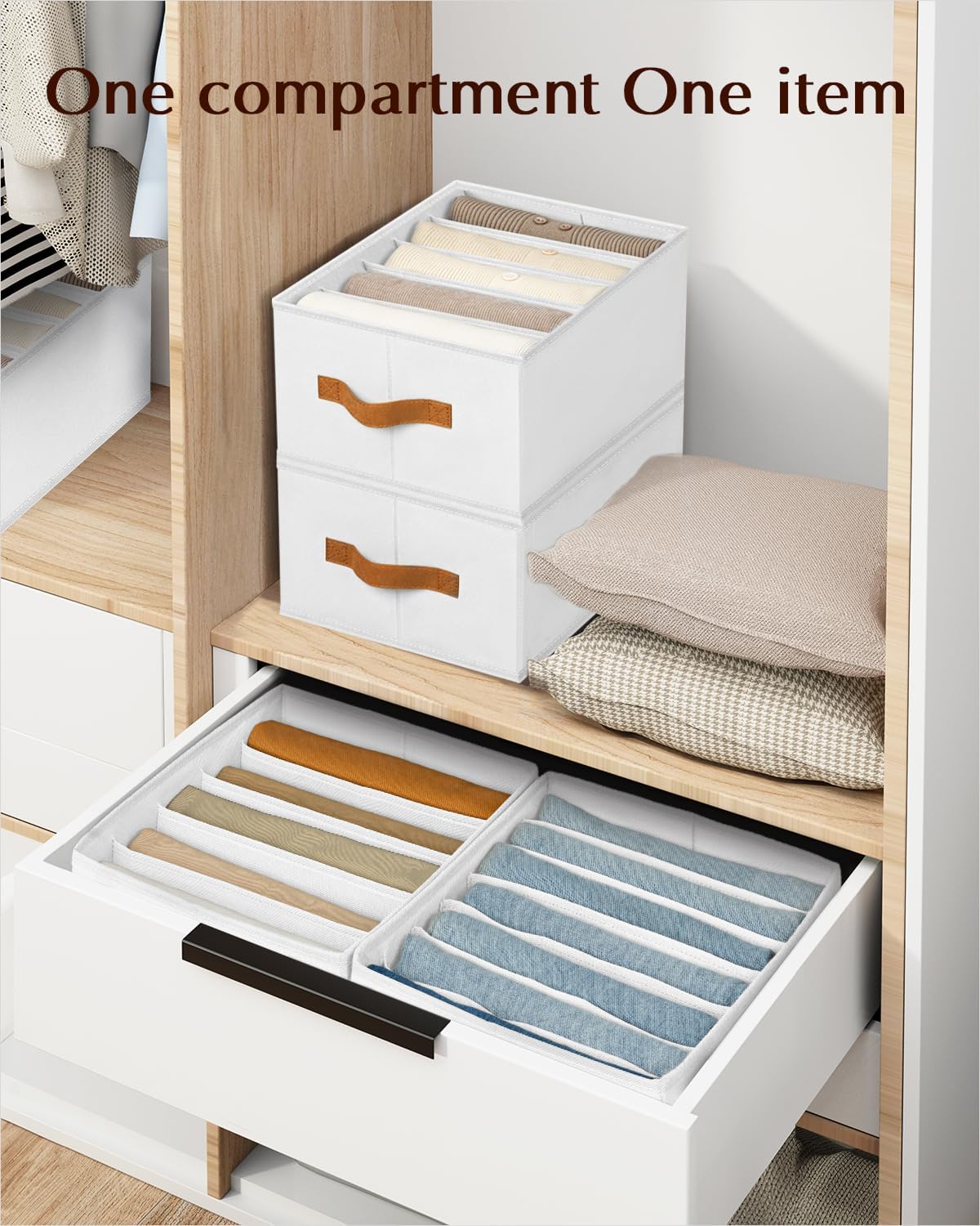Clothes Organizers and Storage - 4/5/7 Grids Fabric Jeans Organizer with Handles, Foldable Closet Organizers Dividers, Wardrobe organizer for Pant, Sweater, T-shirt, Scarf, 3 Pack, White