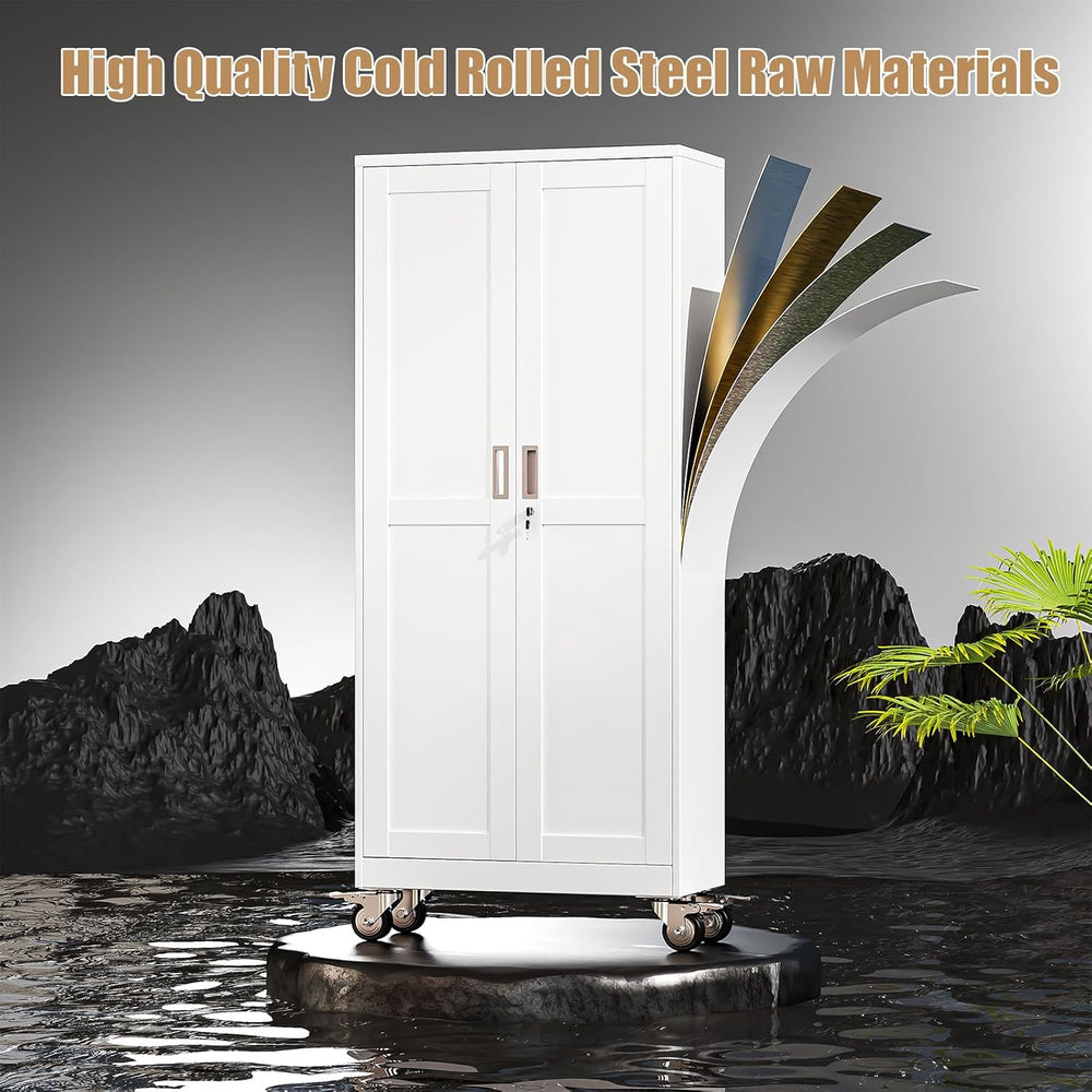 75" H Metal Pantry Storage Locker Cabinet with Wheels,Rolling Kitchen Pa...