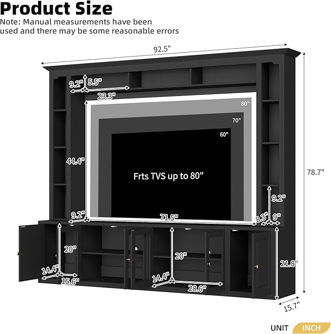 Merax Modern 4 Piece Entertainment Wall Unit with Bookshelf for Televisions Up to 80'', Wood Inch Large Entertainment Center w/Storage, TV Cabinets for Living Room, Black