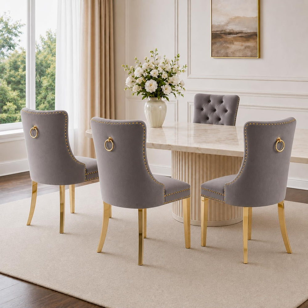 Luxury Upholstered Dining Chairs Set of 4, Grey Kitchen Chair with Golden Met...