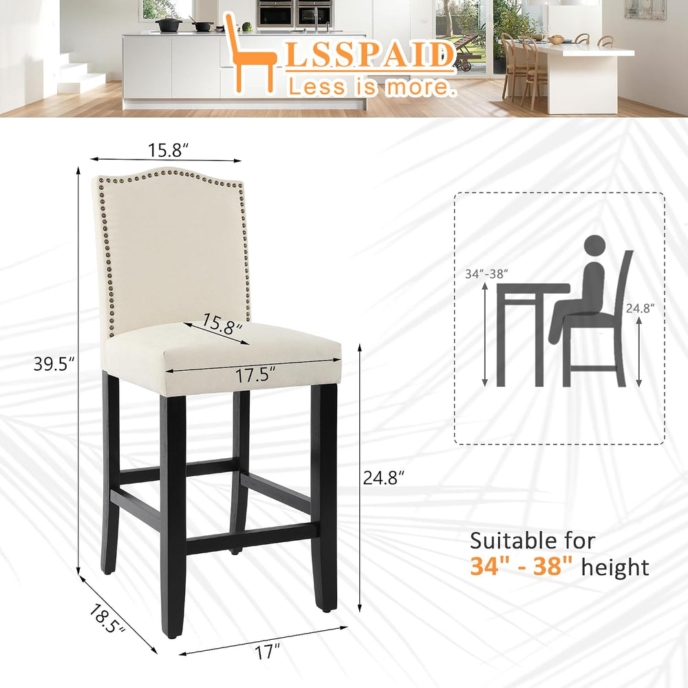 LSSPAID Counter Height Bar Stools Set of 2, 24.8 Inch Modern Upholstered Fabr...