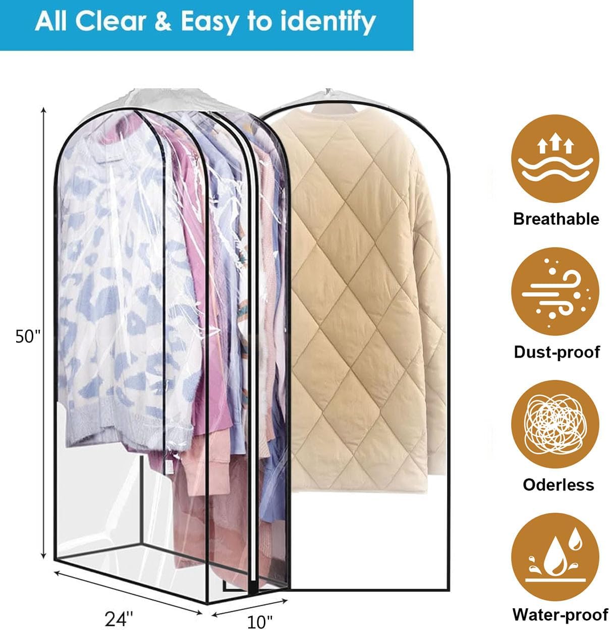 50" Clear Clothes Hangers with Smooth Side Zipper, 10" Gusseted Waterproof Garment Bags for Shirts, Coats, Dresses, Suits, 4 Pack