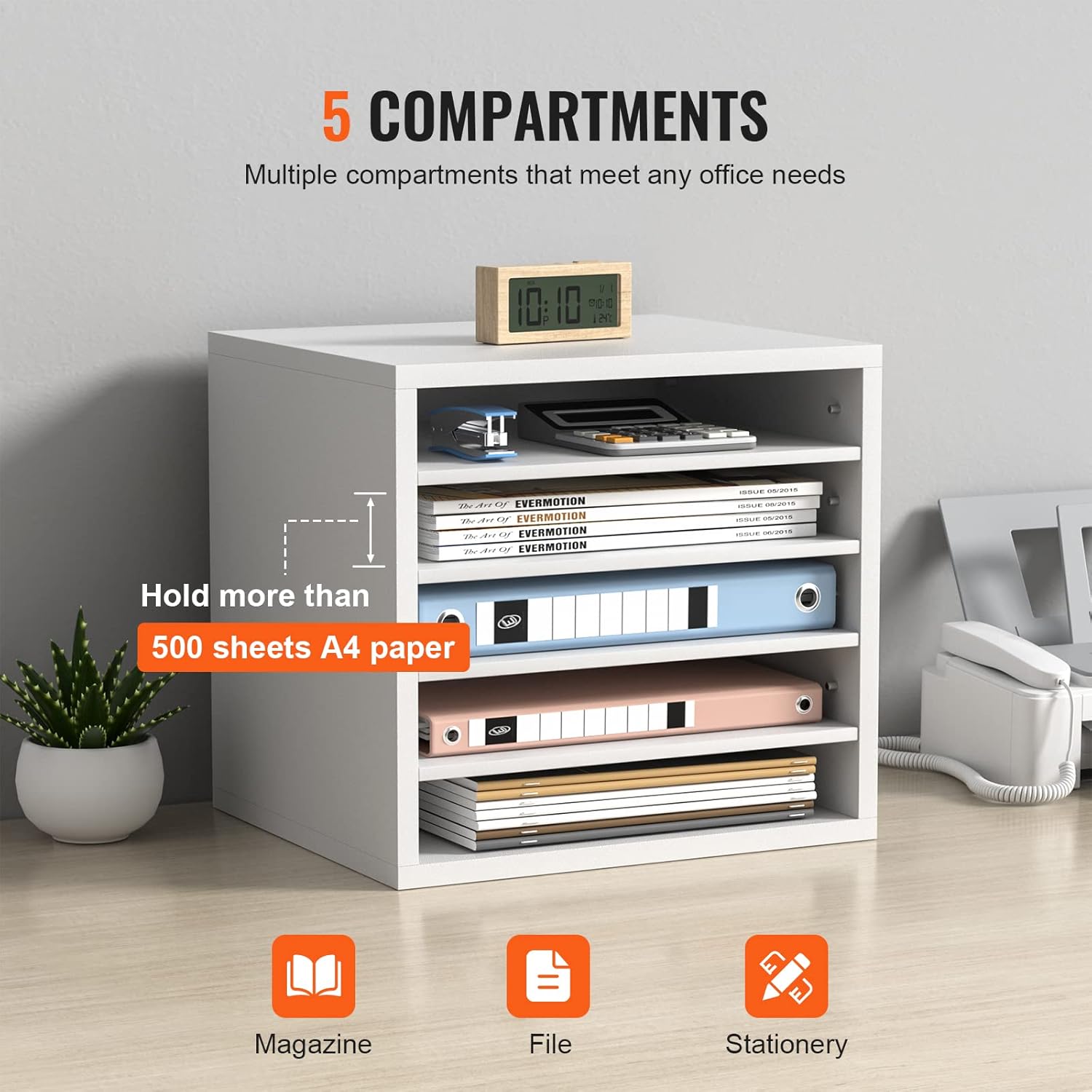 VEVOR Literature Organizers, 5 Compartments Office Mailbox with Adjustable Shelves, Wood Literature Sorter 13.9x12x13 inches for Office, Home, Classroom, Mailrooms Organization, EPA Certified, White