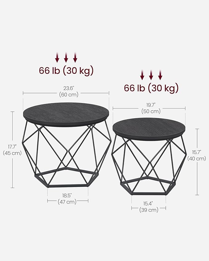 VASAGLE Small Coffee Table Set of 2, Round Coffee Table with Steel Frame, Sid...