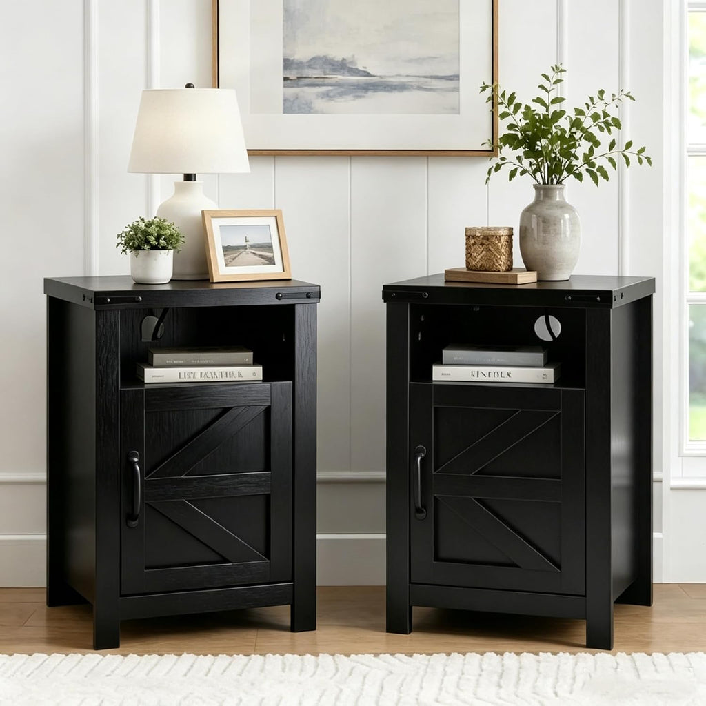 Black Farmhouse Nightstand Set of 2, End Tables Set with Charging Station, Night Stand with Door and Storage Shelf, Sofa Side Table Living Room, Bedside Table for Bedroom