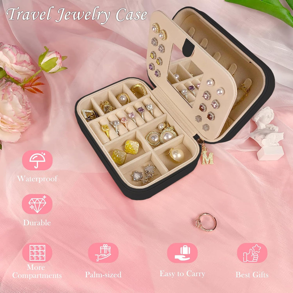 TopPerfekt Travel Jewelry Case, Jewelry Box with Mirror, Jewelry Organizer Bridal Shower Gifts to Her, Earring Storage Travel Case, Trendy Gift for Women and Girls, Girlfriend-Letter M, Black