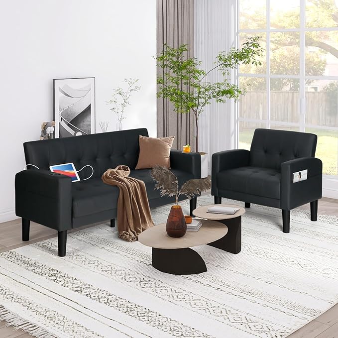 AILEEKISS 2 Piece Living Room Sofa Set Loveseat Sofas Sets with 2 USB, Cup Holders, Side Pocket, Modern Leather 2 Pcs Sectional Couch Chairs Set for Apartment, Office, Bedroom (Black, 2-Seat+1-Seat)