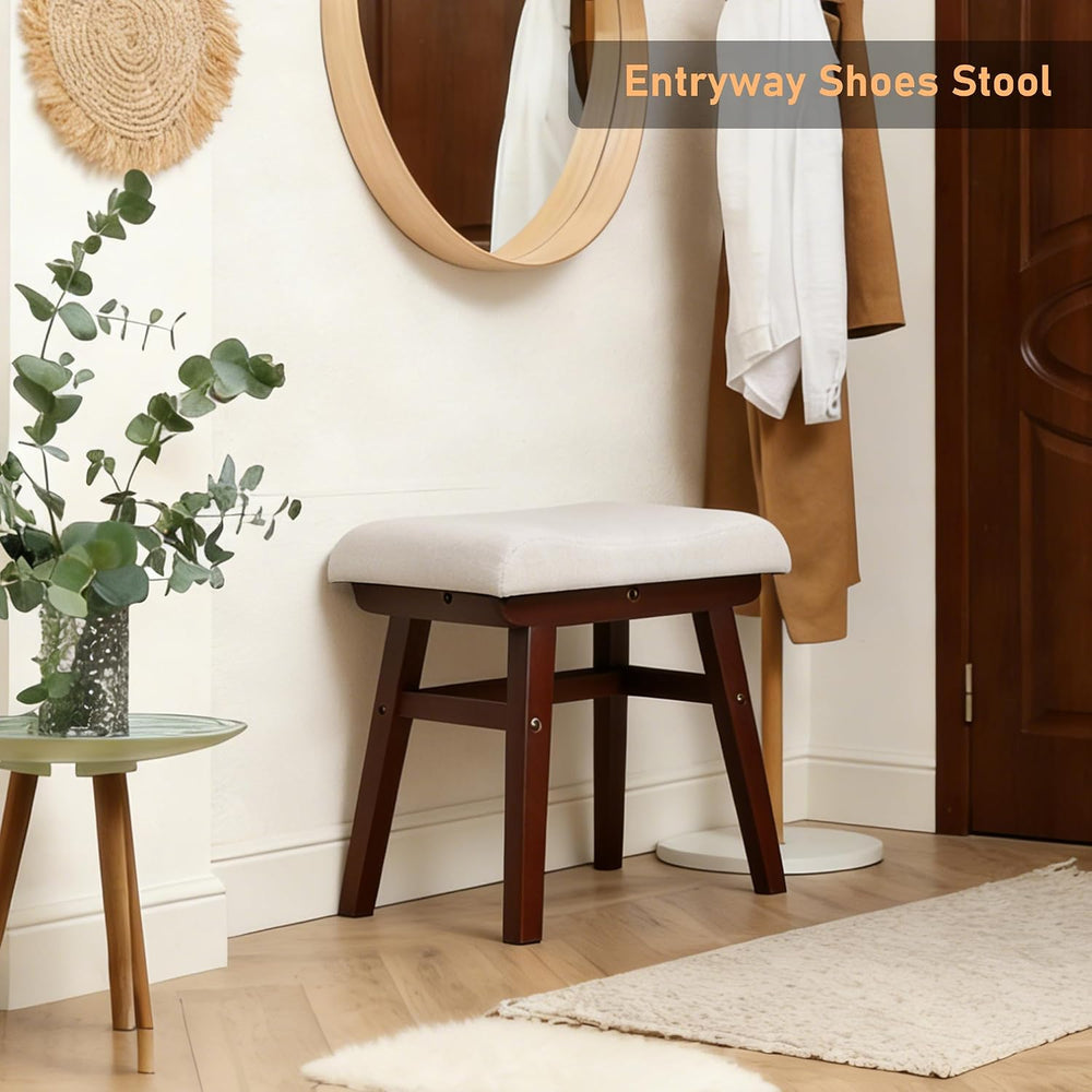 Vanity Stool with Linen Upholstery & Carved Solid Wood Legs | 17.7 Inch C...