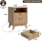 Fluted Nightstand with Charging Station, 18" Modern End Table with Storage Drawers, Bedside Table for Bedroom, Natural Oak(1 Piece)