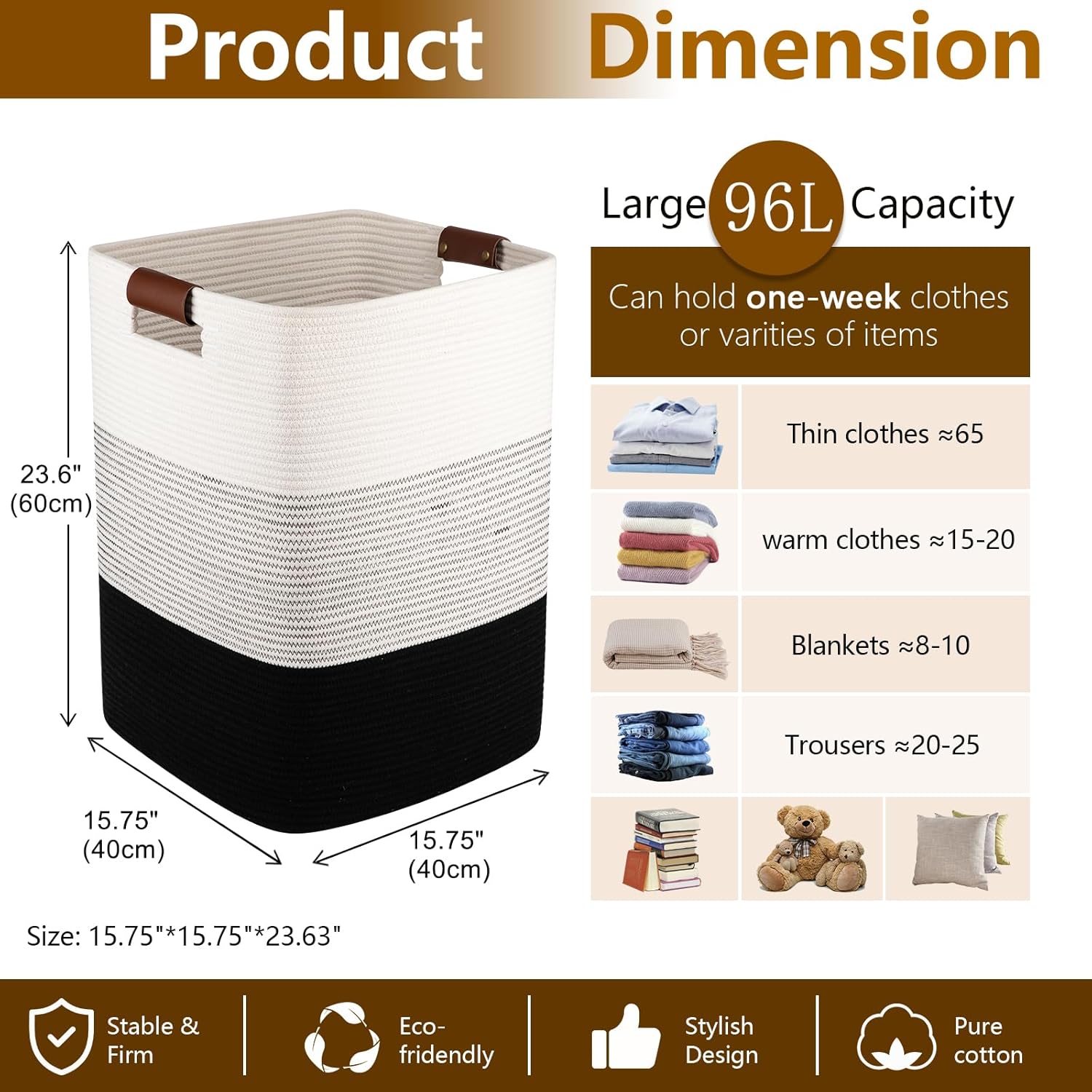 Laundry Hamper 96L Extra Large Laundry Basket, Woven Blanket Basket, Cotton Woven Storage Hamper with Handles for Living Room, Large Baskets for Pillows, Blankets, Clothes-Gradient Black