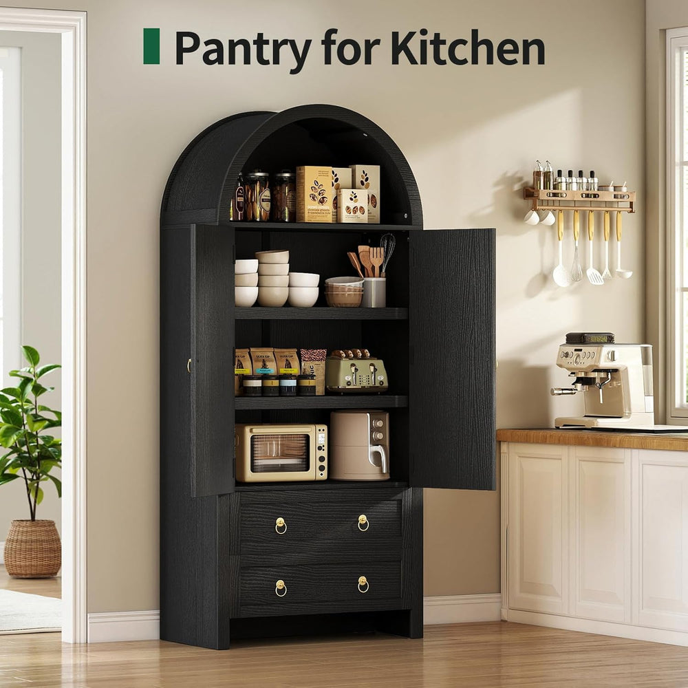 71" Arched Cabinet Kitchen Pantry Cabinet with Rattan Doors, Storage Cab...