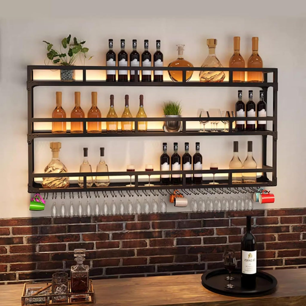 Wall Mounted Wine Rack, Wine Rack Wall Mounted with Wine Glass Rack, Metal Bar Bottle Display Shelf Wine Cups Hanging Holder, for Home Bar Cafe Dining Room Decoration (BLACK, 47.2*10*35.5IN)