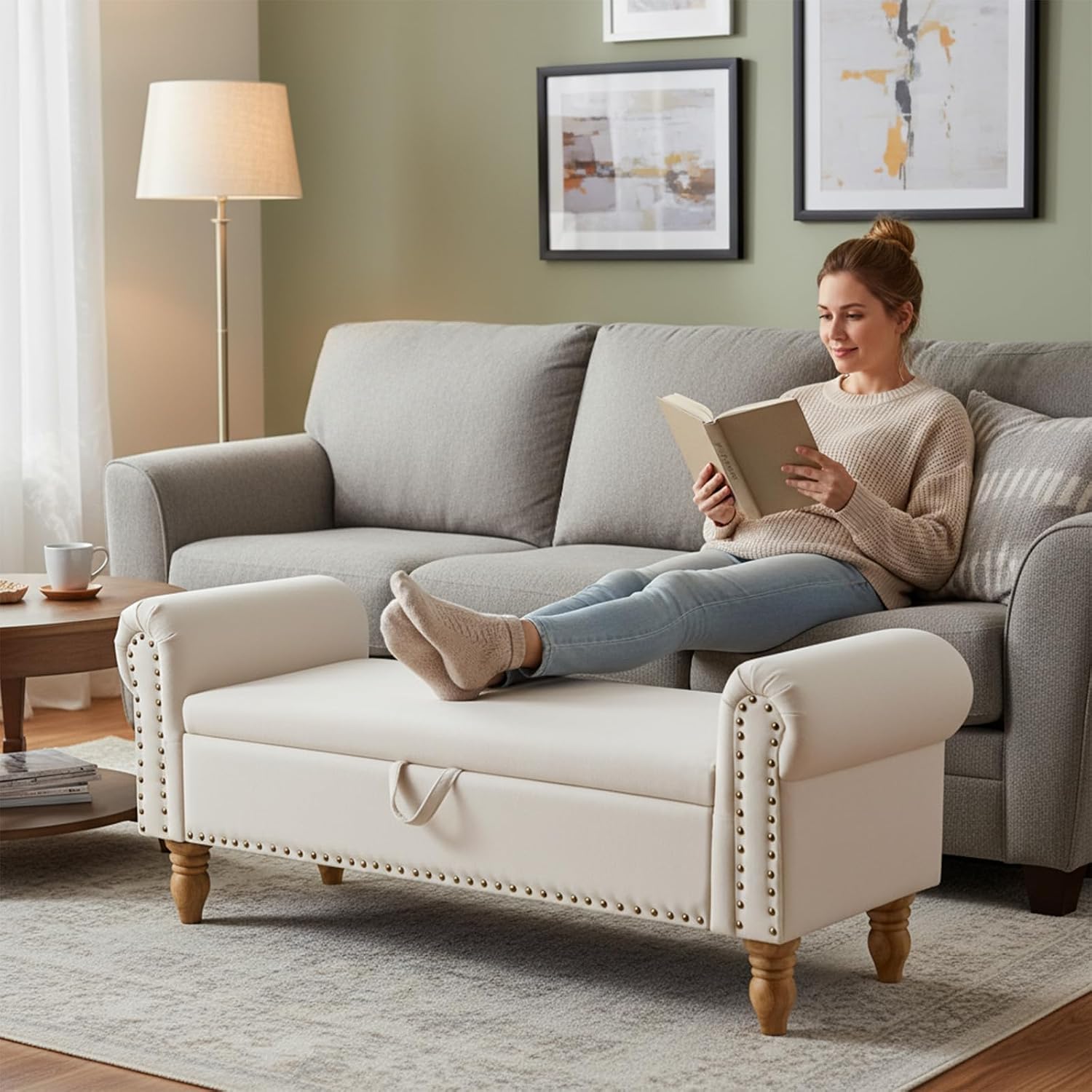 55" Linen Storage Bench, Queen End of Bed, Off-White | Linen Upholstered, Bedroom/Entryway/Closet, Storage Ottoman Bench, Window Seat, Lift-Top Storage, for Queen & King Bed