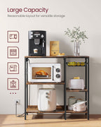 VASAGLE Baker's Rack, Coffee Bar Stand with Charging Station, 35.6 Inches Tall, Storage Shelves, Pull-Out Wire Basket, Table for Microwave, Kitchen, Rustic Brown and Ink Black UKKS036K01