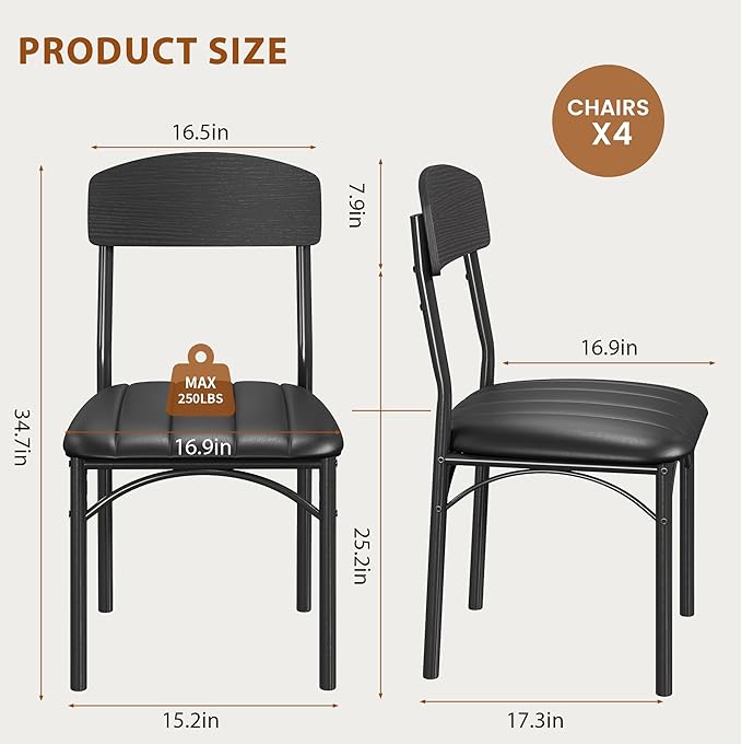 Dining Chairs Set of 4 - Upholstered Dining Room Chairs with PU Leather, Industrial Kitchen Chairs with Wooden Backrest and Thickened Metal Legs, for Dining Room, Living Room（Black）
