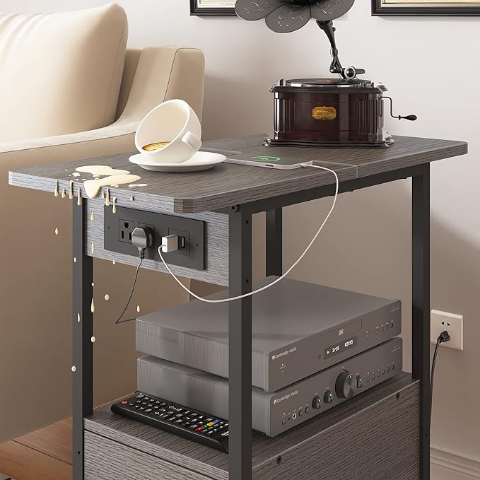 LIDYUK End Table with Charging Station, Narrow Side Table with Drawer and USB...