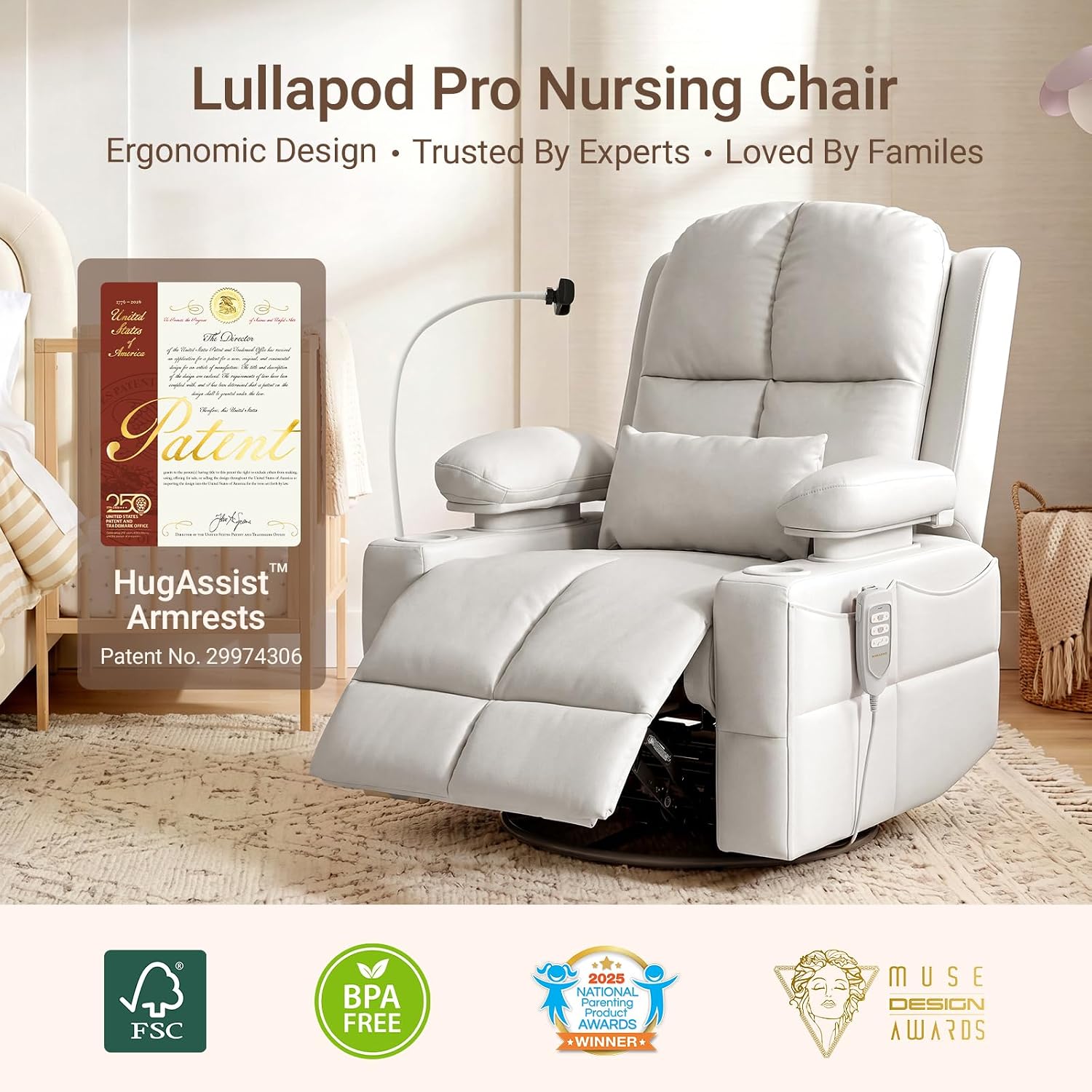 MAMAZING Lullapod Power Nursery Recliner Rocking Chair, Triple Motor Power Recliner with HugAssist Armrest, 270° Swivel Glider and Quiet Rocking Chair Nursery with Dual Charging Port and Storage