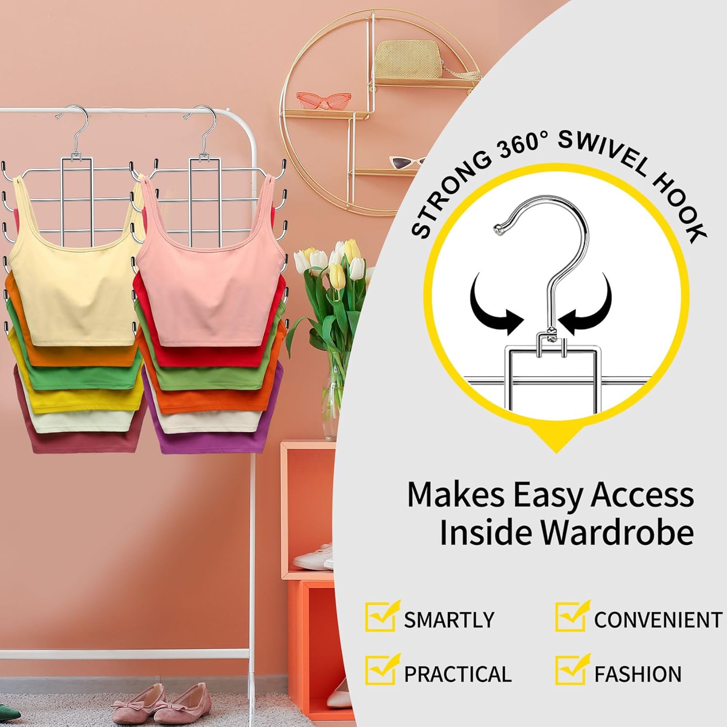 1 Pack Closet-Organizers-and-Storage,6 Tier Tank-Top-Hangers-Space-Saving,Closet-Organizer,Non-Slip Hanging Sport Bras Holder,Dorm-Room-Essentials-for-College-Students-Girls Camisoles Swimsuits Dress