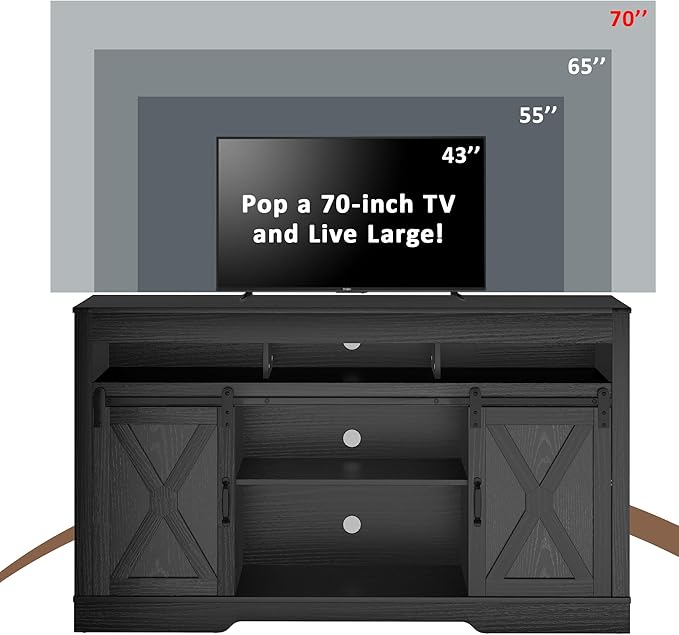 Farmhouse TV Stand with Sliding Barn Door for TVs up to 65+ Inch, 34" Tall Entertainment Center, Wood Media Console Storage Cabinet for Bedroom, Living Room, Black