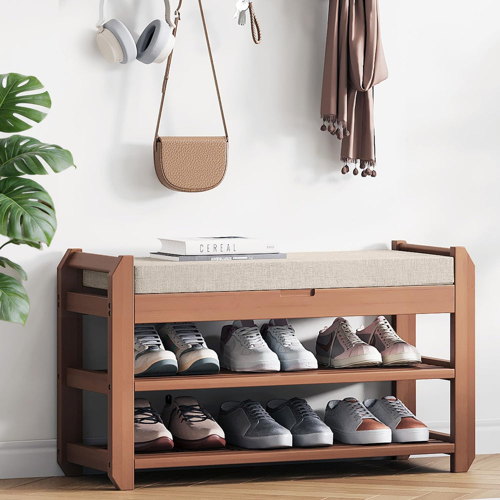 27.6" Bamboo Shoe Bench with Cushion, 2-Tier Storage Bench for Entryway,...