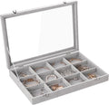 Frebeauty Velvet Jewelry Tray,12 Grid Jewelry Organizer with Clear Lid,Bracelets Holder,Jewelry Display Case with Clasp,Drawer Insert Bangle Brooch,13.8 x 9.5 x 2 Inches,Gift for Women Girls(Grey)