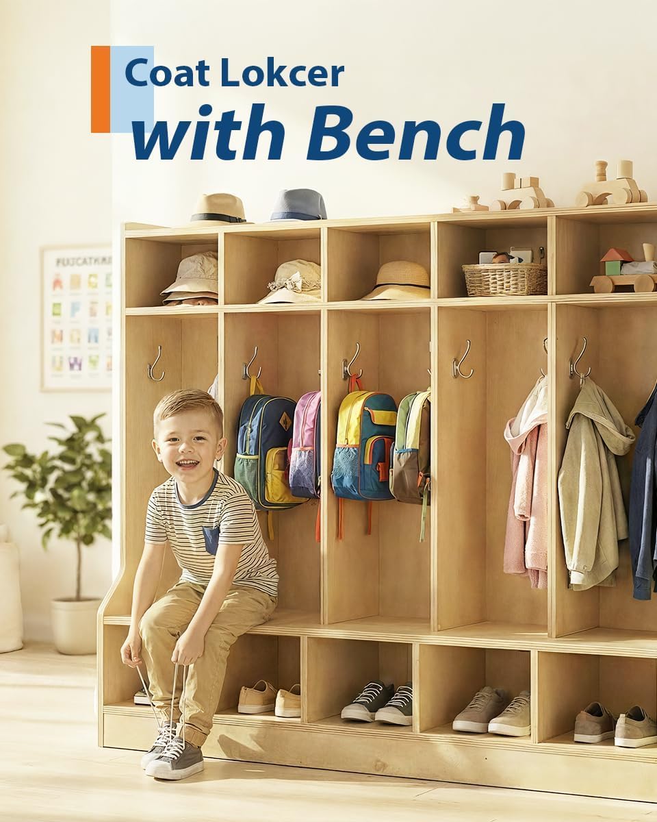 Kids Coat Locker with Bench – 10 Cubbies, 10 Hooks, Storage Organizer – Smooth Wood Finish, Hidden Casters – Ideal for Nursery, Home, Study Room – Large Size Natural Wood Color