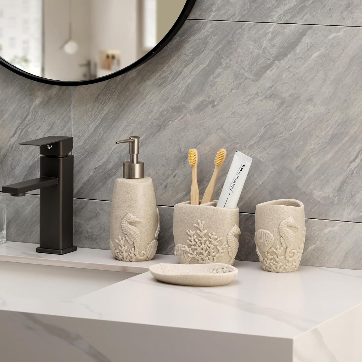 Bathroom Accessories Set, 4 PCS Bathroom Accessory Sets with Soap Dispenser, Toothbrush Holder, Tumbler, Soap Dish, Bathroom Countertop Organizer, Sea Bathroom Decor (Beige)
