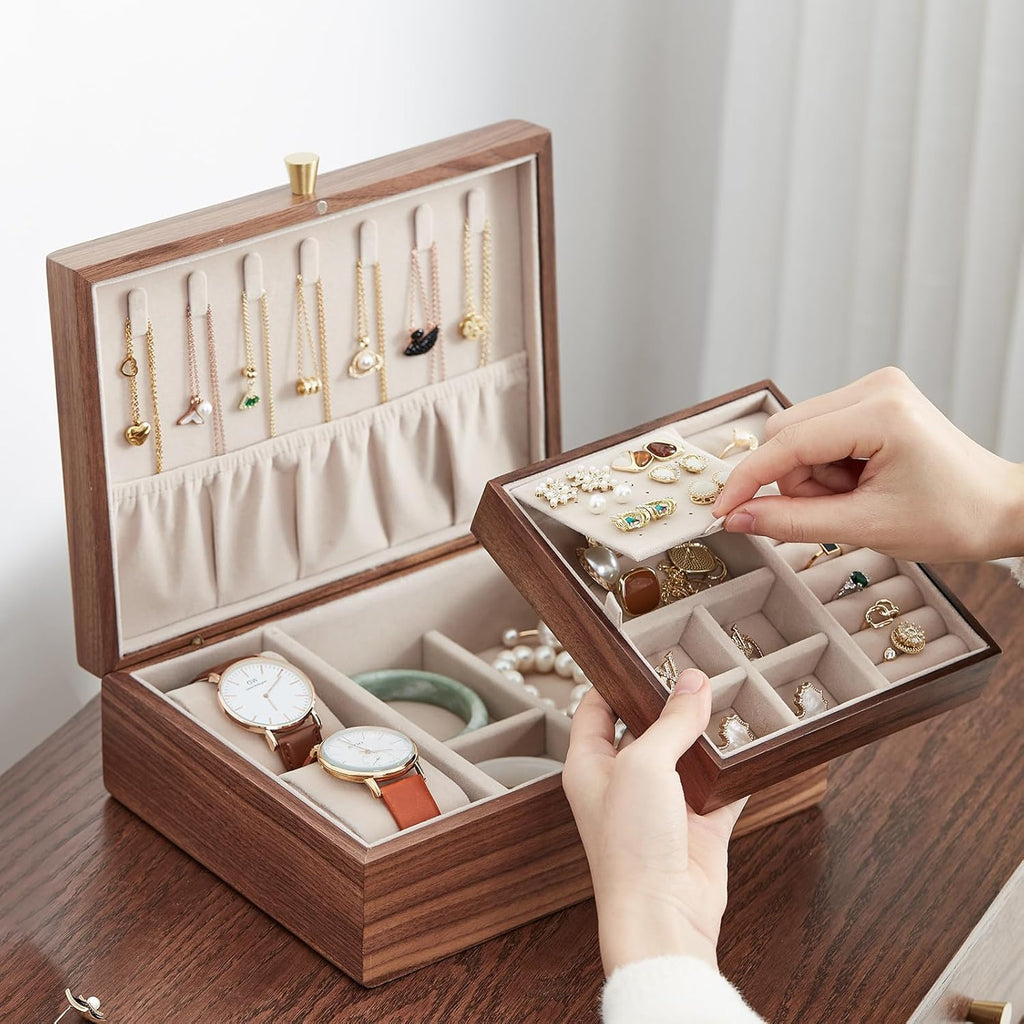Black Walnut Wooden Jewelry Box for Women 2 Layer Jewelry Organizer with Removable Tray for Watches Rings Earrings Necklace Bracelets Birthday Christmas Gifts
